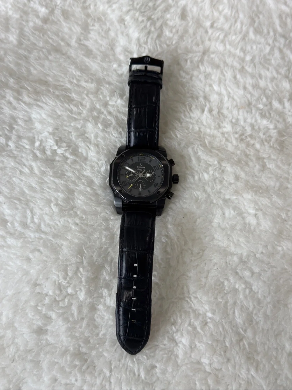 Bulova Black Marine Star Dial Black Leather Strap Chronograph Watch